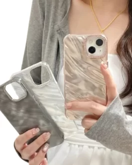 iPhone 15 Plus Diamond Bling Camera Protection Frame Phone Case, Luxury Glossy 3D Laser Cut Water Ripple Mirror Glitter Cute Colorful Shiny