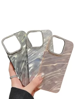 iPhone 15 Pro Hot Diamond Bling Camera Protection Frame Phone Case, Luxury Glossy 3D Laser Cut Water Ripple Mirror Glitter Cute Colorful Shiny