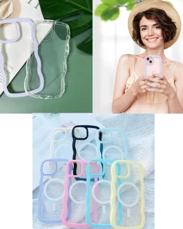 Case Compatible with IPhone 15 Back Cover, Adorable Clear Case with Curly Wave Frame for Women and Girls,Transparent Shockproof Protective Cover